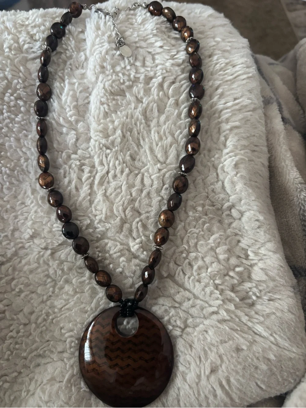 Brown Beaded Necklace with Round Chevron Pendant - Women Jewelry